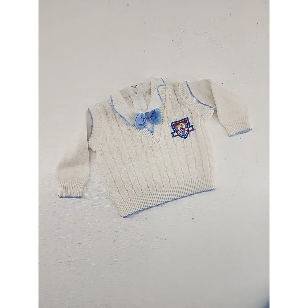 Vtg Baby Boy Knit Outfit Bow Tie University Blue White Sweater Footie‎ Pants 3/6